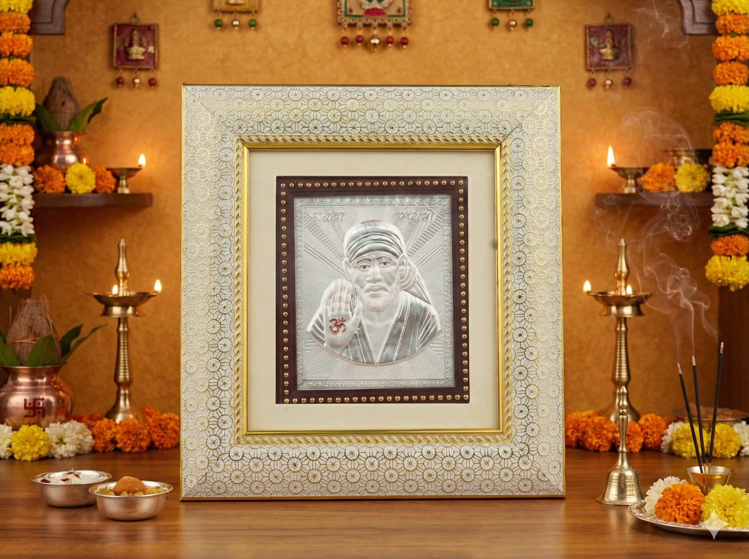 Decorative Sai Baba Silver-Toned Photo Frame with Ornate Border - 9.6x10.5 inch - Image 2