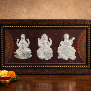 Lakshmi Ganesha Saraswati Silver Toned Wall Frame with Traditional Artwork