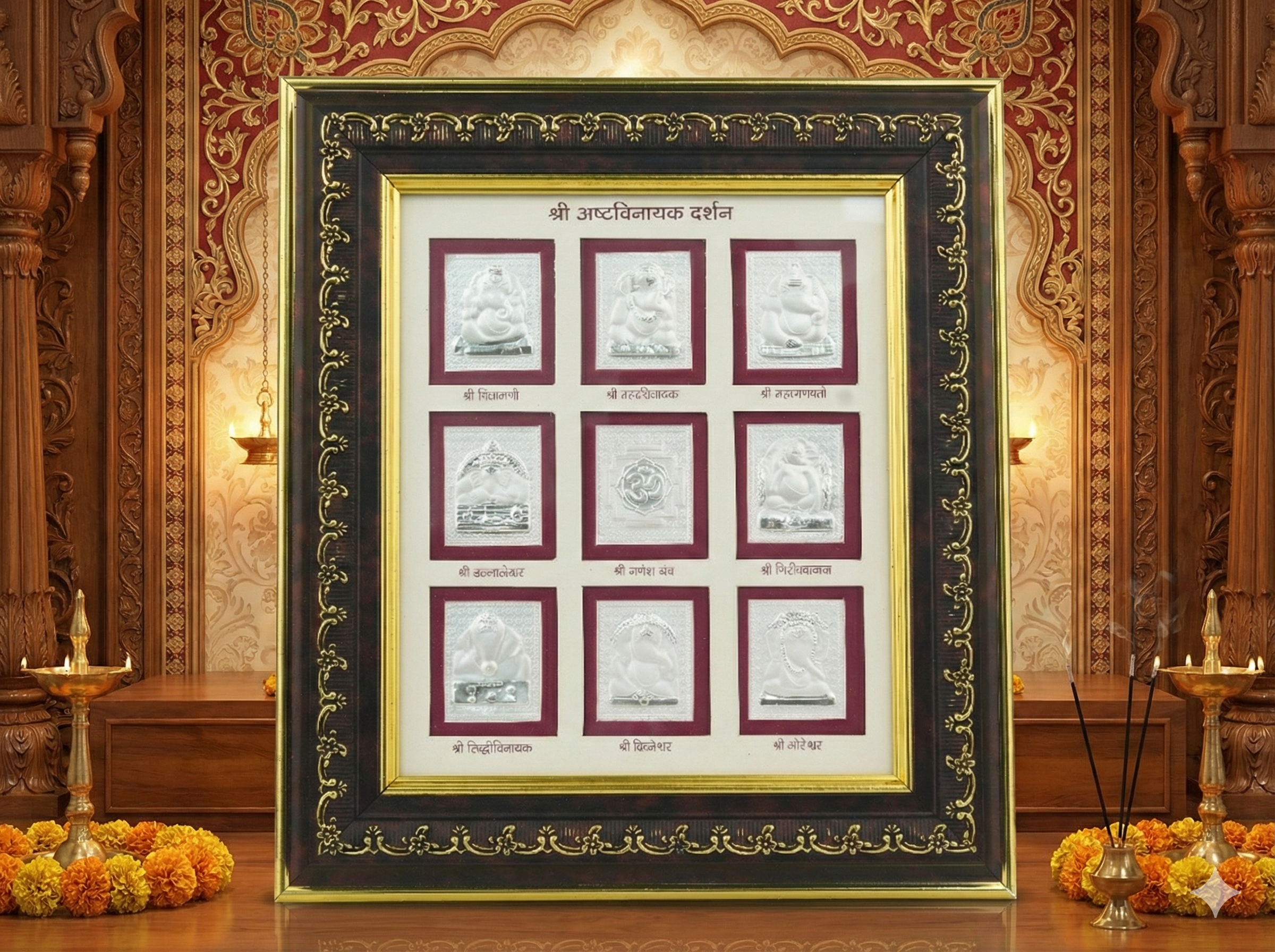 Shri Ashtavinayak Darshan Framed Religious Wall Art - 9 Sacred Panels with Gold Border - Image 2