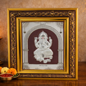 Silver Embossed Lord Ganesha Wall Frame with Premium Gold Border
