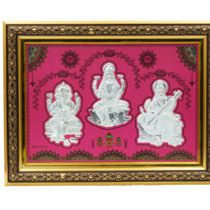 Lakshmi Ganesh Saraswati Silver Embossed Wall Frame - Pink Velvet (17.5 x 13 inch)