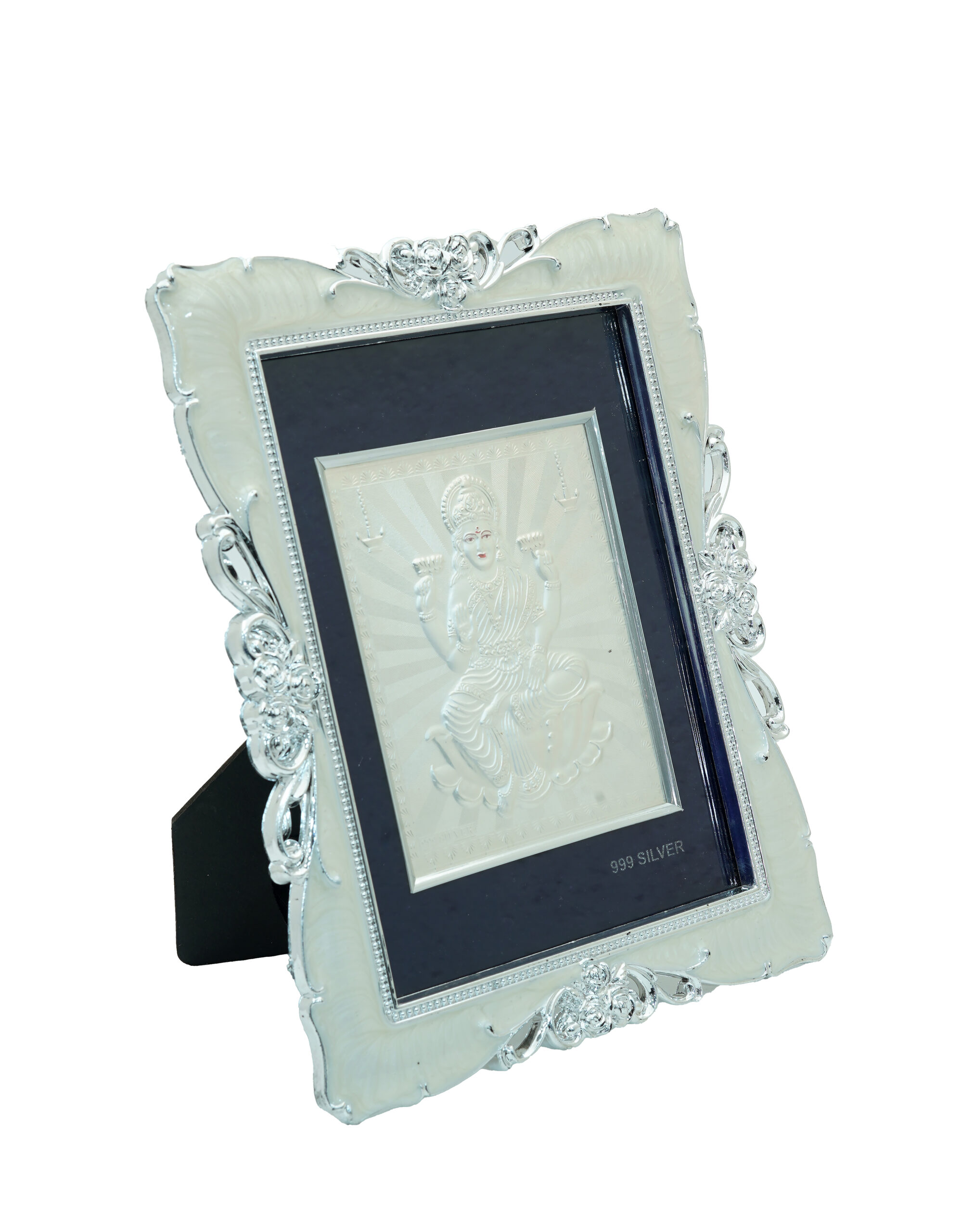Antique Silver Goddess Lakshmi Photo Frame - 999 Silver Embossed Decorative Frame (9x7 inch)
