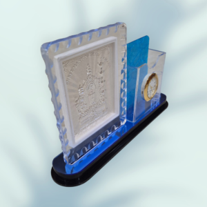 Premium Crystal Acrylic Desktop Organizer with Clock and Emblem