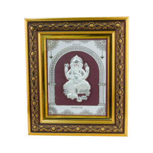 Silver Ganesha Framed Wall Art - Religious Decor with Ornate Golden Frame